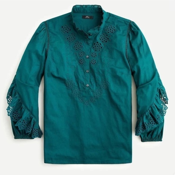 J. Crew Dark Spruce‎ Ruffle Sleeve Embroidered Eyelet Blouse AR971 - Picture 1 of 14